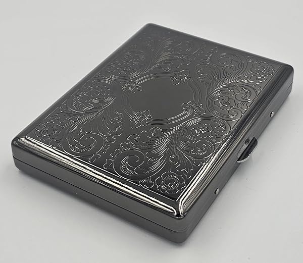 Retro Cigarette Case Victorian Style Metal Holder for Regular, King and 100's Size Credit Card Holder Pocket, Large with Flower Pattern RFID Protective Security Wallet (EL100-Black)