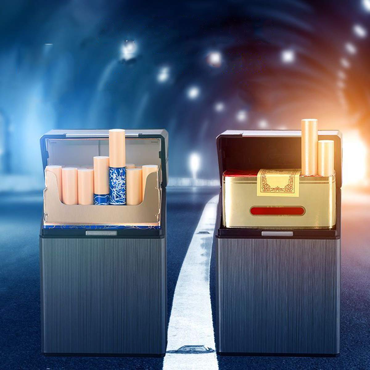Cigarette Case Brushed Metal Cigarette Case with Magnetic Switch Flip Closure,20 Capacity (2 Pack,85mm, Rose Red + Gray)…