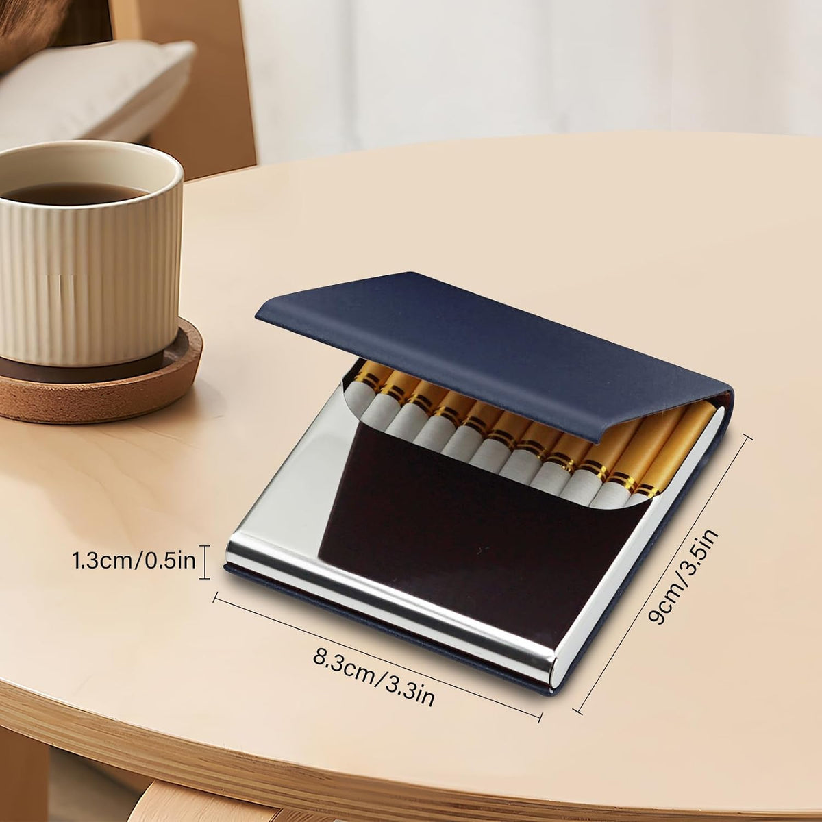 Portable Slim Leather Cigarette Case with Magnetic, Metal Cigarette Carrying Box for Hold 10 Regular Size Cigarettes, Ultra-Thin One-Hand Operate Cigarette Pocket for Men and Women -Navy Blue