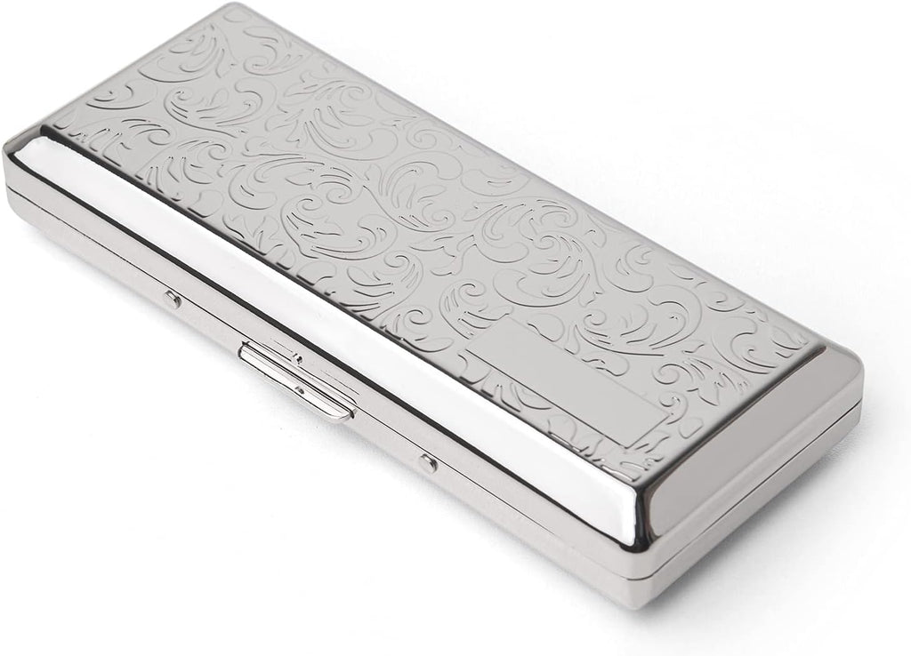 Metal Carry Cigarette Case, Double Sided Spring Clip,Holds 10 100mm Cigarettes (Vines Silver)