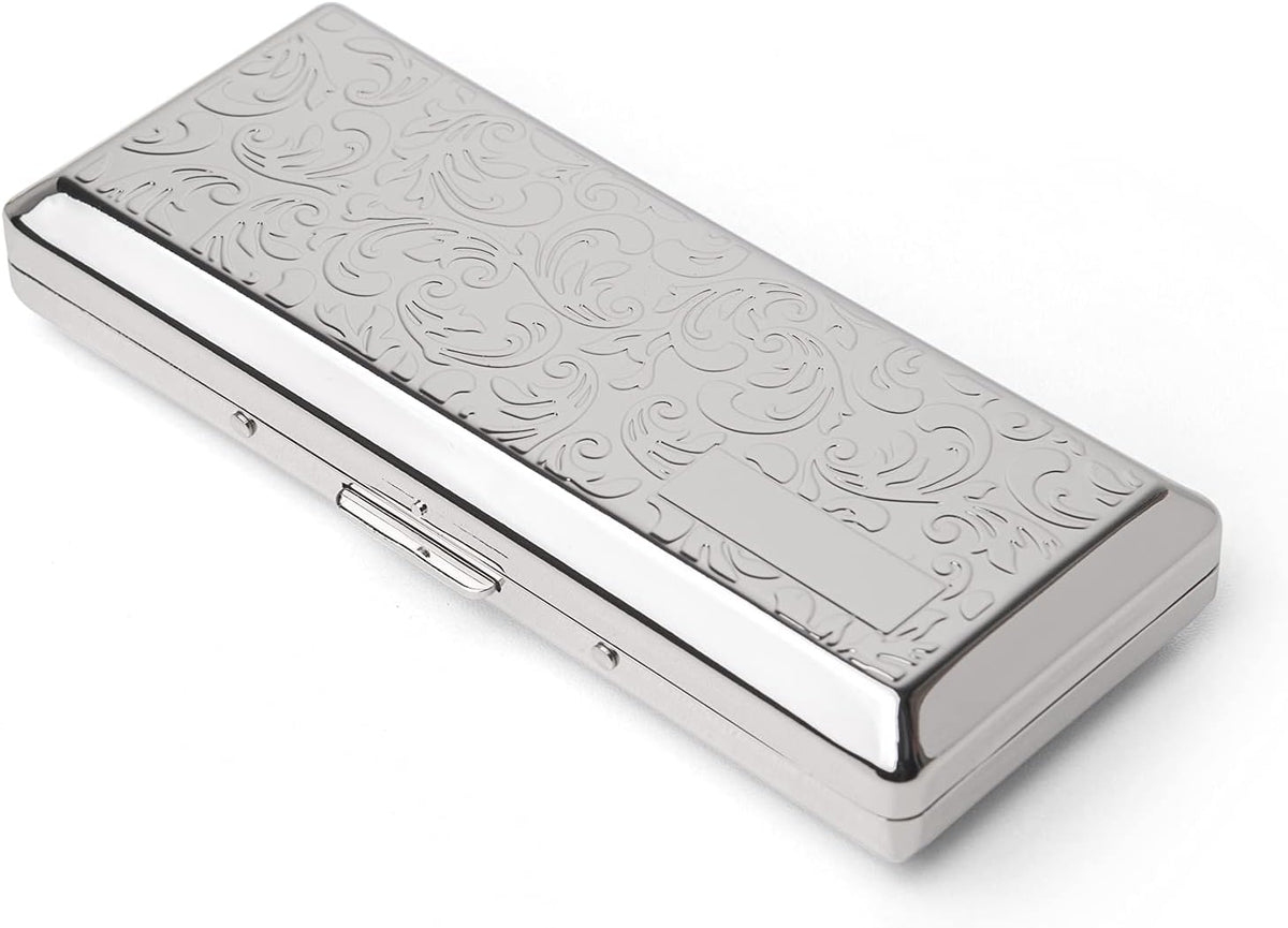 Metal Carry Cigarette Case, Double Sided Spring Clip,Holds 10 100mm Cigarettes (Vines Silver)