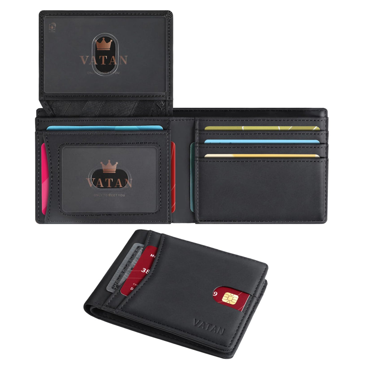 VATAN Wallet for Men Slim RFID Blocking Leather Credit Card Holder Wallet for 15 Cards, Bifold Minimalist Thin Wallet with 2 ID Windows & Cash Slot, With Gift Box (Carbon Fiber Black)