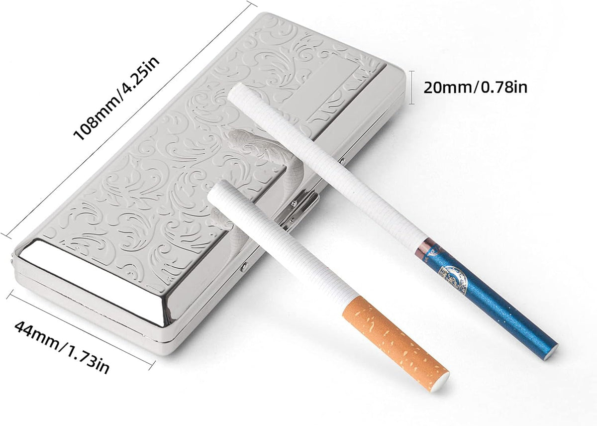 Metal Carry Cigarette Case, Double Sided Spring Clip,Holds 10 100mm Cigarettes (Vines Silver)