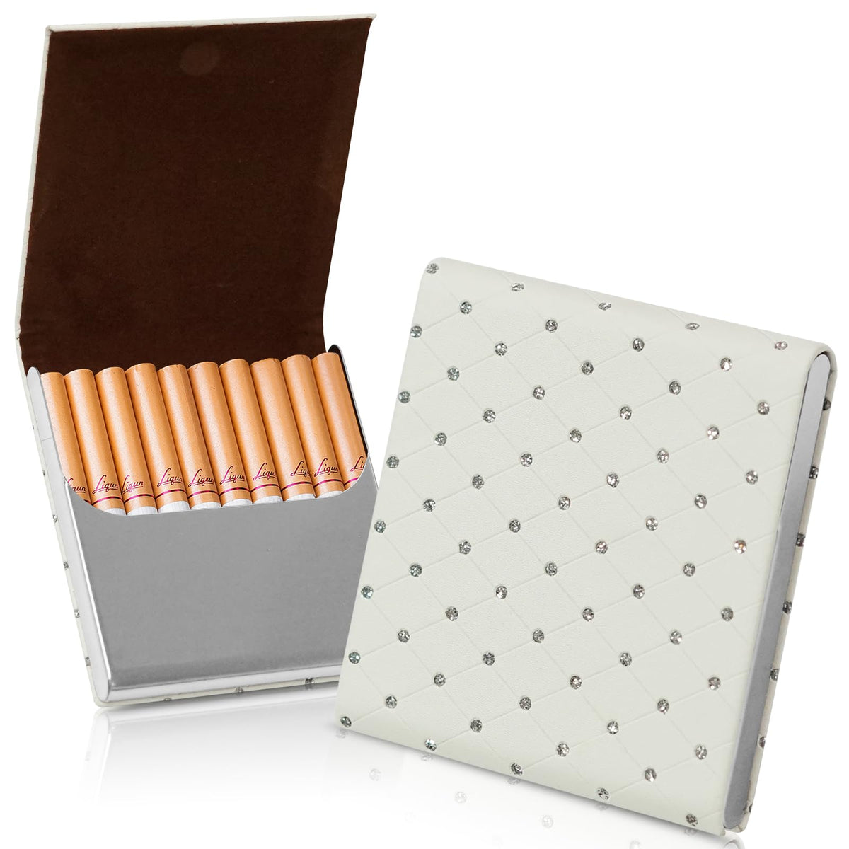Portable Slim Leather Cigarette Case with Magnetic, Metal Cigarette Carrying Box for Hold 10 Regular Size Cigarettes, Ultra-Thin One-Hand Operate Cigarette Pocket for Men and Women -Navy Blue