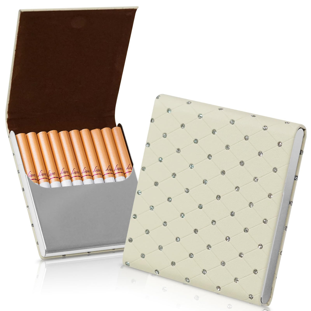 Portable Slim Leather Cigarette Case with Magnetic, Metal Cigarette Carrying Box for Hold 10 Regular Size Cigarettes, Ultra-Thin One-Hand Operate Cigarette Pocket for Men and Women -Navy Blue