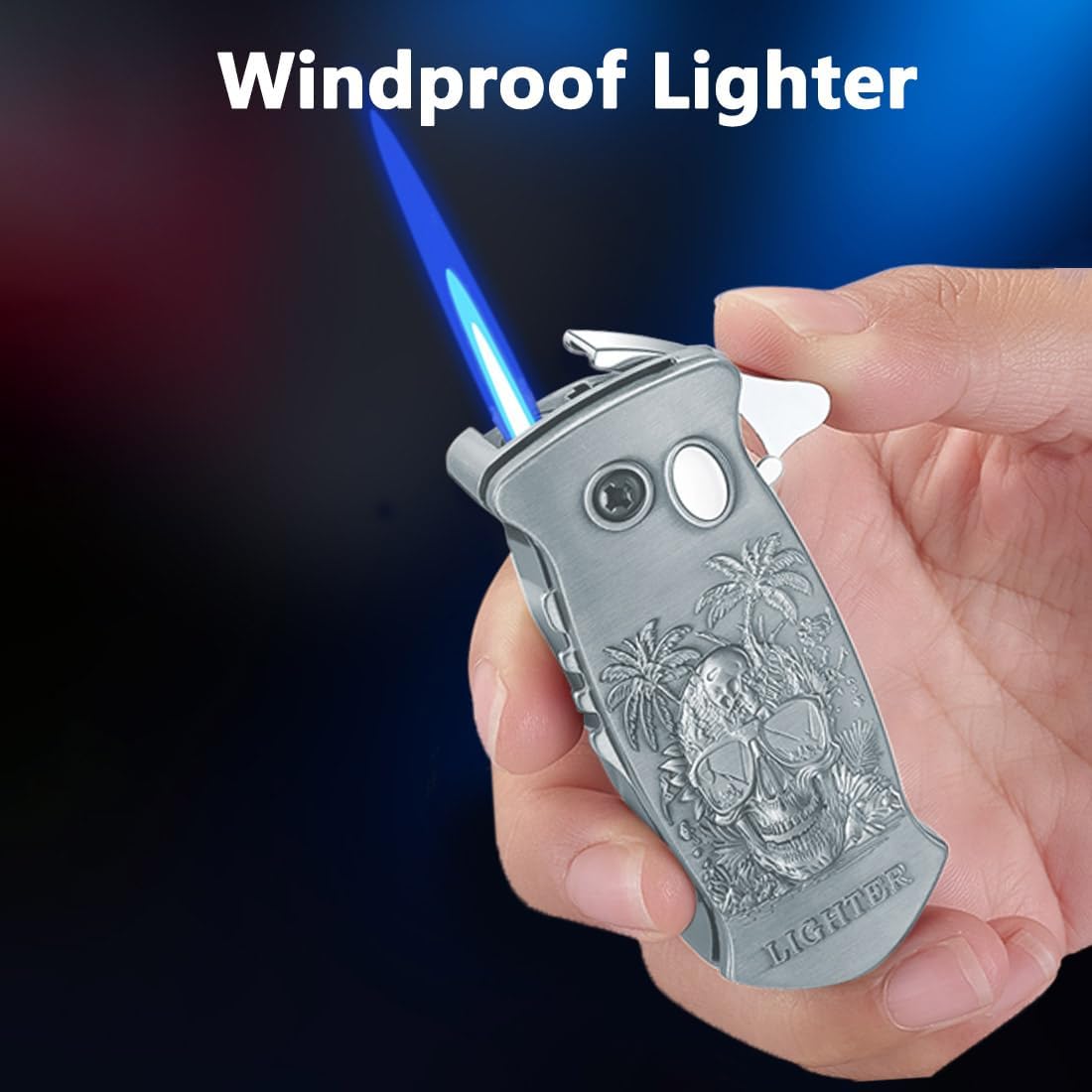 Skull Torch Lighter Adjustable Jet Flame Butane Lighters Refillable Gas Lighter for Outdoor, Indoor, Camping, BBQ, Birthday, Gifts for Men (Without Gas) (Skull Sliver)