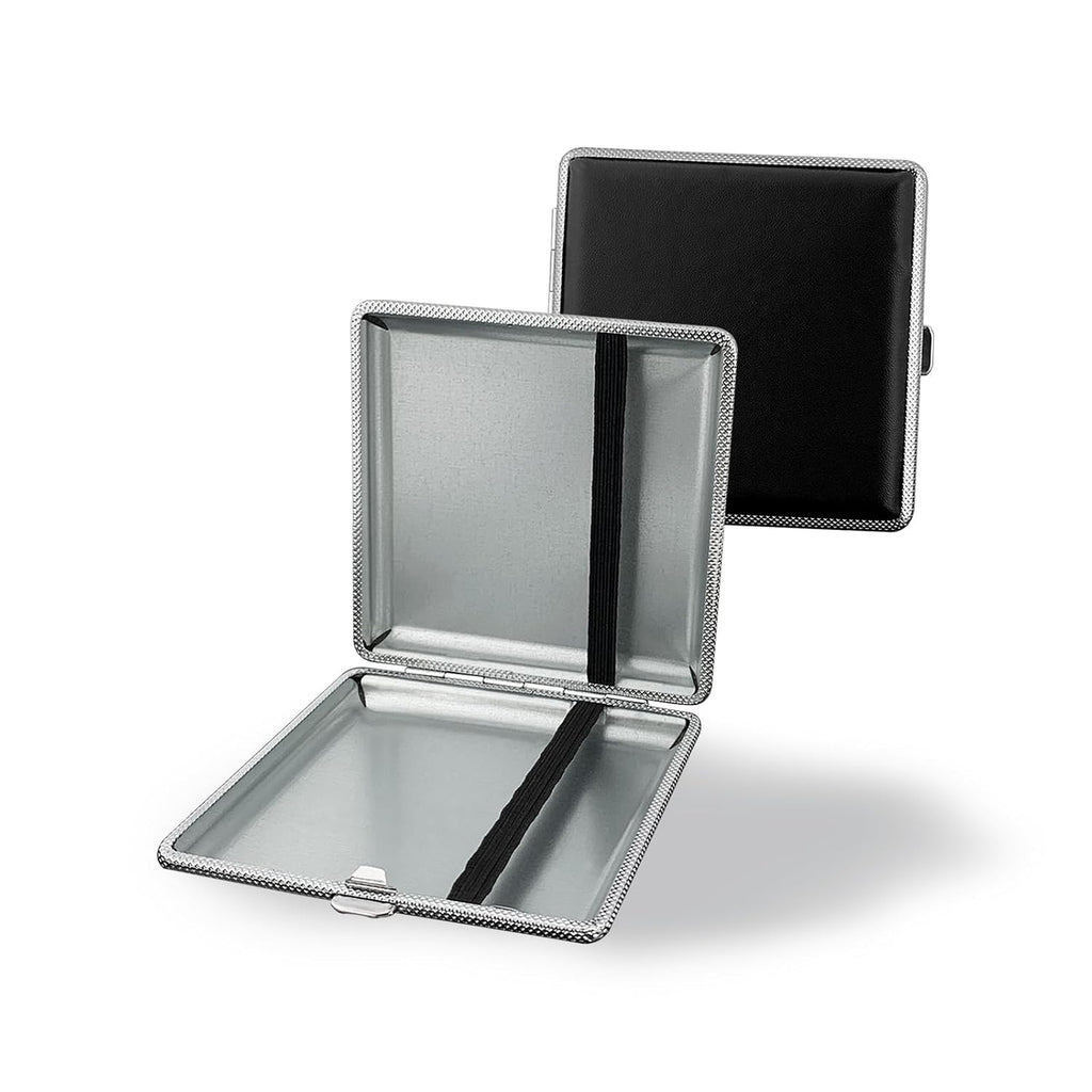 ZUFECY Leather Cigarette Case, Thin Metal Cigarette Case, 20 Capacity for Regular, Elastic Strap Cigarette Case for Smokers, 84mm Regular Size (Black)