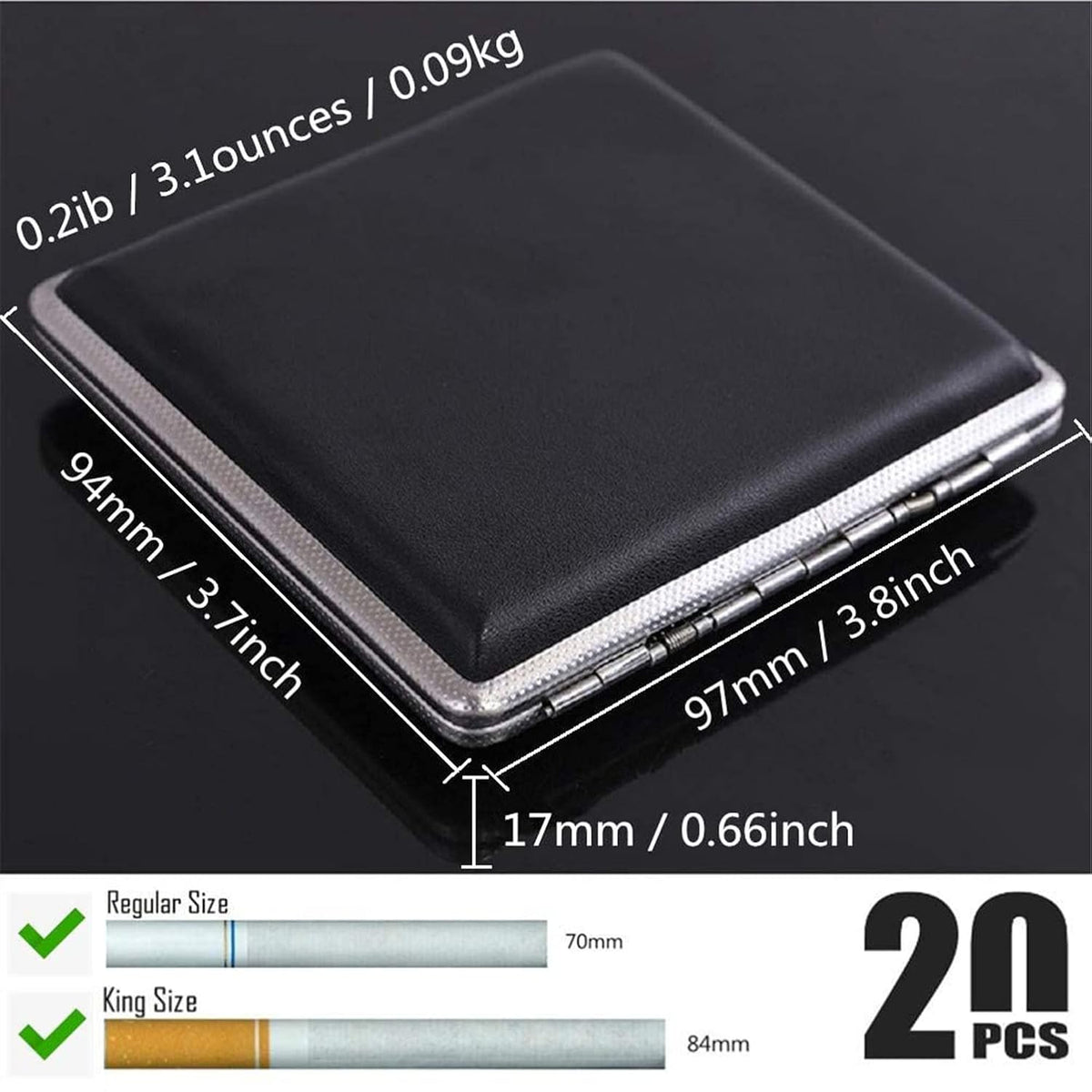 Cigarette Case Stylish Leather Surface Metal Box for 20 Cigarettes Cigarette Box for Men and Women Ideal Gift for Smoker 2 Boxes 84mm Regular Size(Black + Brown)