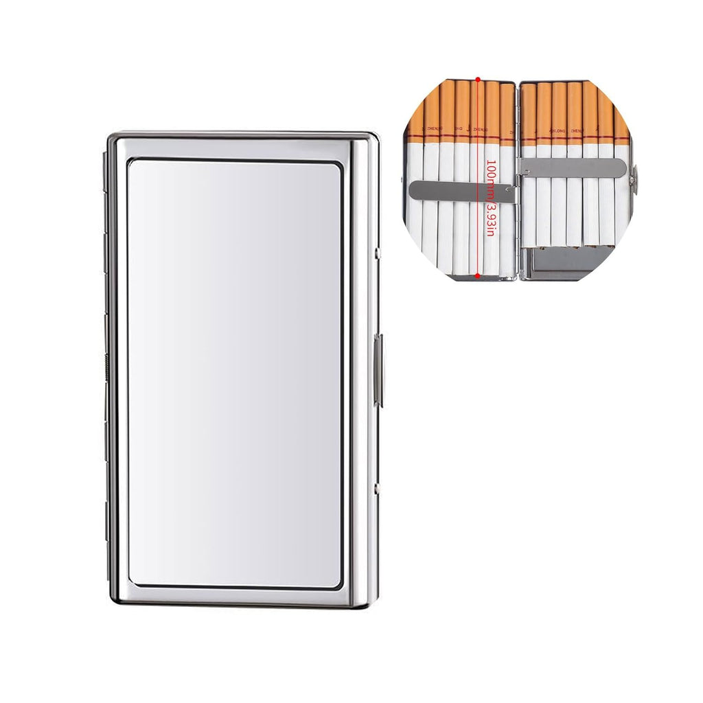 Cigarette Case Metal Holder for Regular King and 100's Size Can Hold 14 Cigarettes Double Sided Spring Clip Box Holds up to 80-100's Flip Open Pocket Bank Card case Cash Box(Silver， 100mm King Size)