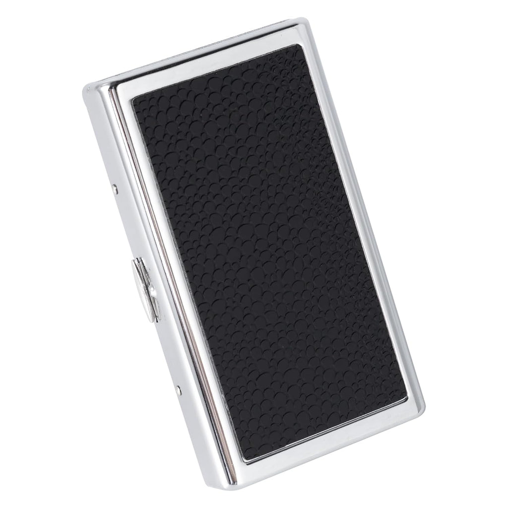 Metal Case, Silver Plated Metal,14 Capacity，Black Leather on Front and Back(100mm King Size,Black)
