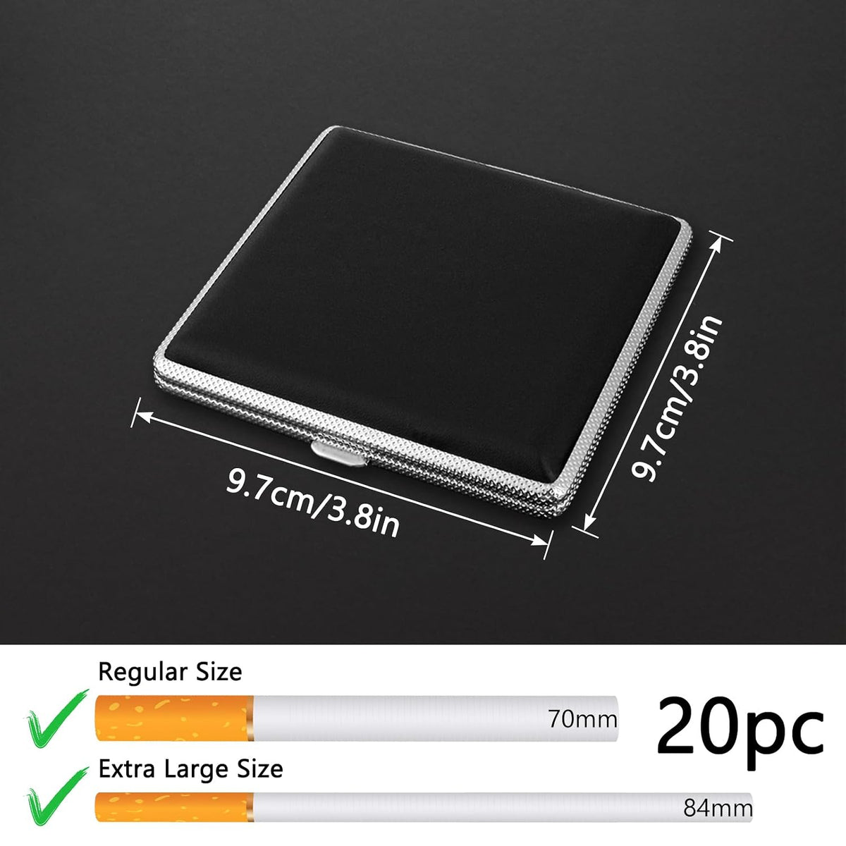 ZUFECY Leather Cigarette Case, Thin Metal Cigarette Case, 20 Capacity for Regular, Elastic Strap Cigarette Case for Smokers, 84mm Regular Size (Black)
