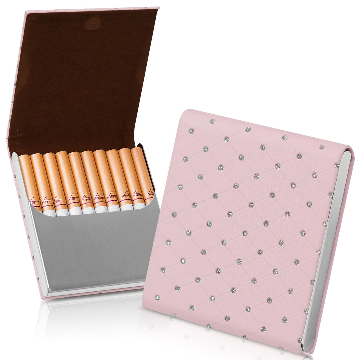 Portable Slim Leather Cigarette Case with Magnetic, Metal Cigarette Carrying Box for Hold 10 Regular Size Cigarettes, Ultra-Thin One-Hand Operate Cigarette Pocket for Men and Women -Navy Blue