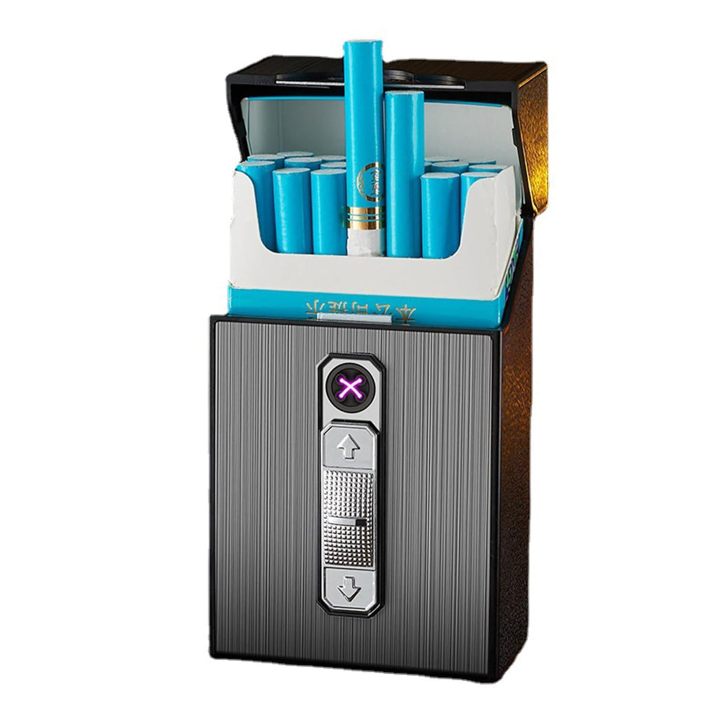 Cigarette Case with Dual Arc Lighter USB Rechargeable, Cigarettes Box Holder King Size Portable Pack Hold 20 Regular Size Cigarettes (Black)