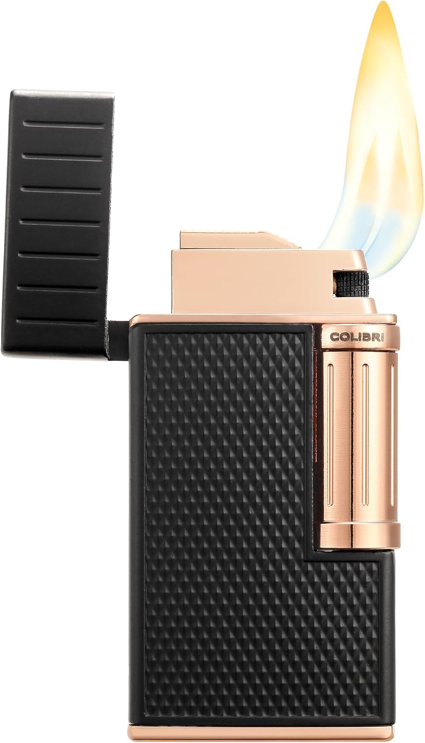 Colibri Julius Double Flame Butane Flint Cigar Lighter with Diamond-Pattern Case, Windproof & Refillable, Cigar Enthusiast's Choice with Blue Fuel Window and Adjustable Flame (Black, Rose Gold)