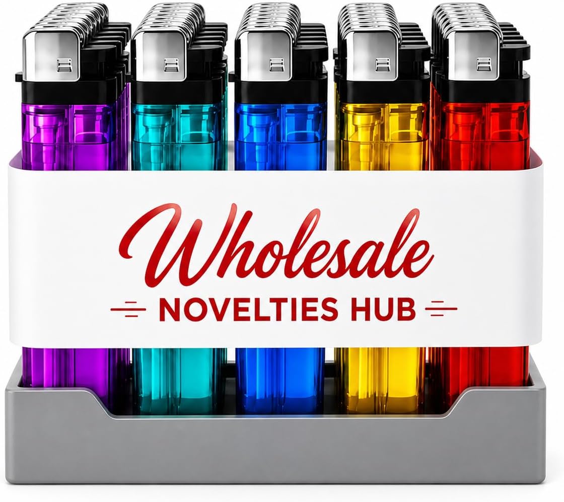 50 Pack Disposable Lighters, Assorted Color Transparent Body Lighters Bulk with Display Tray, Classic Pocket Size Lighter Set for Candles, BBQ, Camping, Kitchen, Emergency Kits (50)