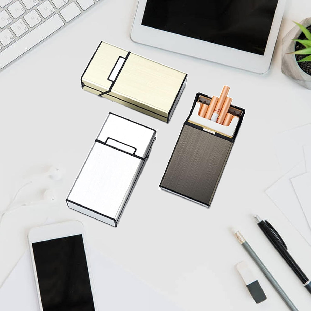 Cigarette Case with Lighter 100's King Size 20pcs Cigarettes 2 Pack Rechargeable Flameless Windproof Electric Lighter Makeup Mirror