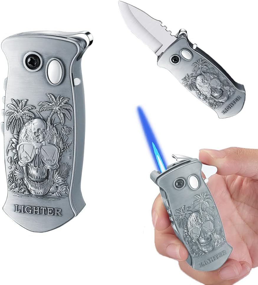 Skull Torch Lighter Adjustable Jet Flame Butane Lighters Refillable Gas Lighter for Outdoor, Indoor, Camping, BBQ, Birthday, Gifts for Men (Without Gas) (Skull Sliver)