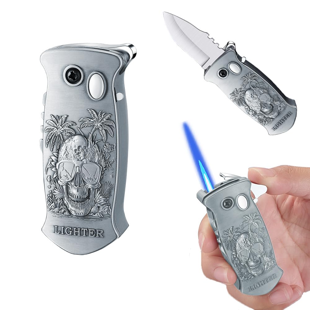 Skull Torch Lighter Adjustable Jet Flame Butane Lighters Refillable Gas Lighter for Outdoor, Indoor, Camping, BBQ, Birthday, Gifts for Men (Without Gas) (Skull Sliver)