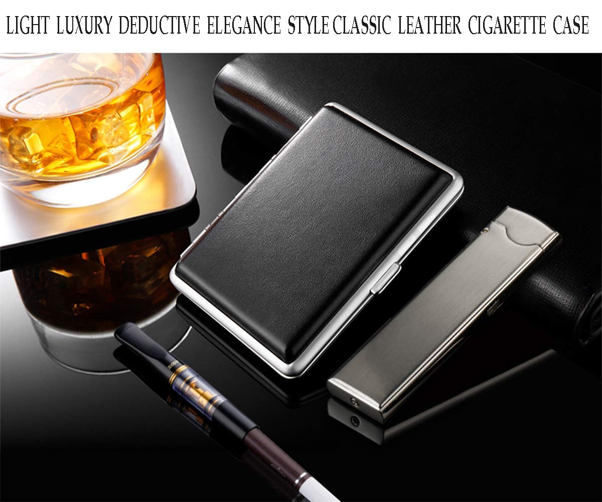 Cigarette Case Stylish Leather Surface Metal Box for 20 Cigarettes Cigarette Box for Men and Women Ideal Gift for Smoker 2 Boxes 84mm Regular Size(Black + Brown)