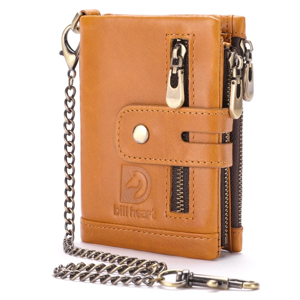 Mens Wallet with Chain Genuine Leather Purse RFID Blocking Bifold Double Zipper Coin Pocket with Anti-Theft Chain