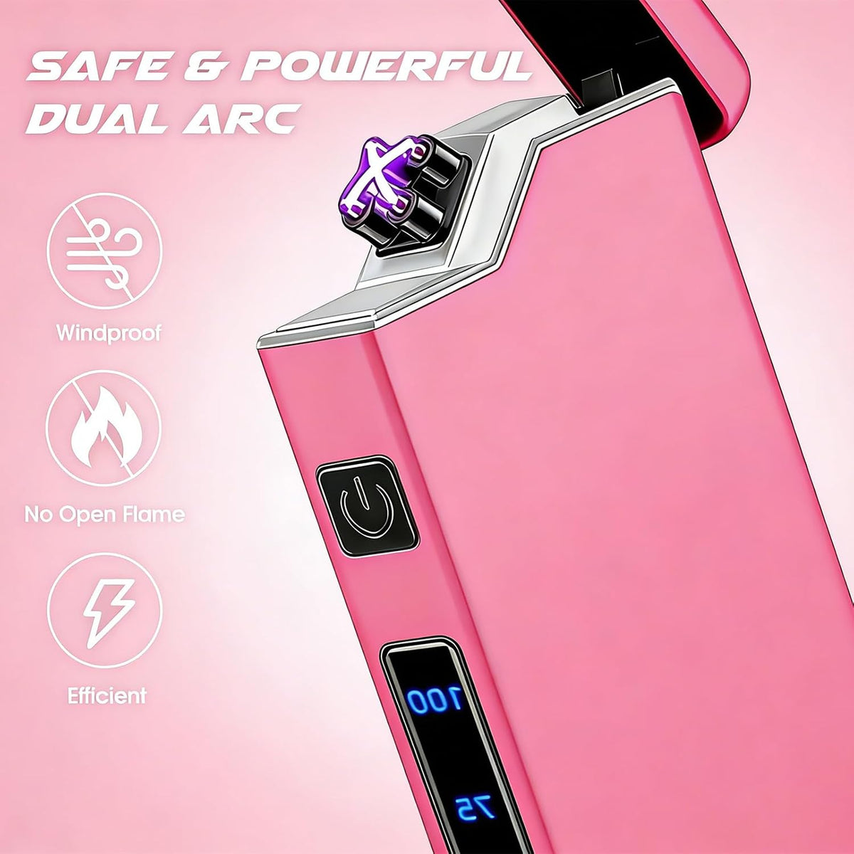 Electric Pink Lighter Dual Arc Plasma Lighter, Windproof Flameless Cool Electronic Lighters, Rechargeable USB with LED Battery Indication, Pocket Metal Lighters for Candles, Camping, Gifts for Unisex