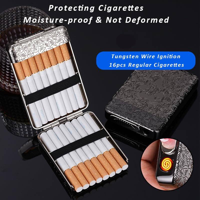 Cigarette Case with USB Lighter 16 pcs 84mm Regular/King Size Cigarettes Electric Rechargeable Flameless Windproof Lighters (Black)
