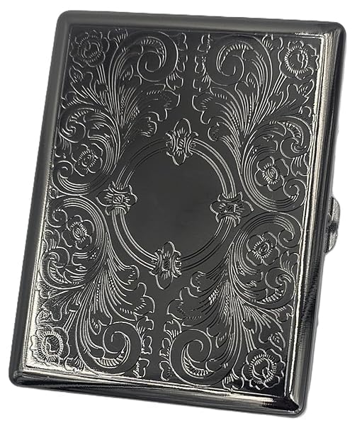 Retro Cigarette Case Victorian Style Metal Holder for Regular, King and 100's Size Credit Card Holder Pocket, Large with Flower Pattern RFID Protective Security Wallet (EL100-Black)