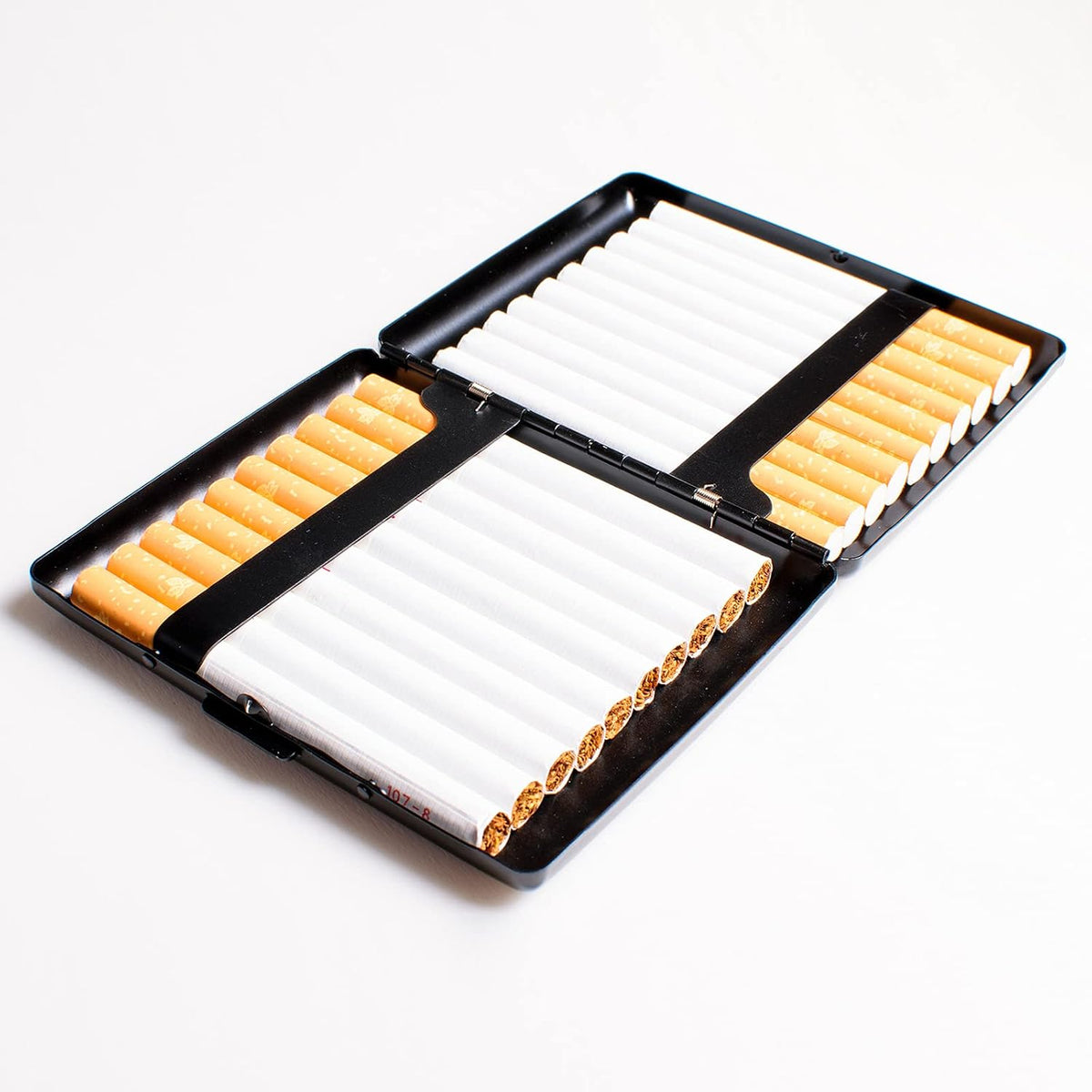 Metal Cigarette Case - Ladies and Men, Portable Double Sided Spring Clip, Holds 18-20 100mm Cigarettes (Black)