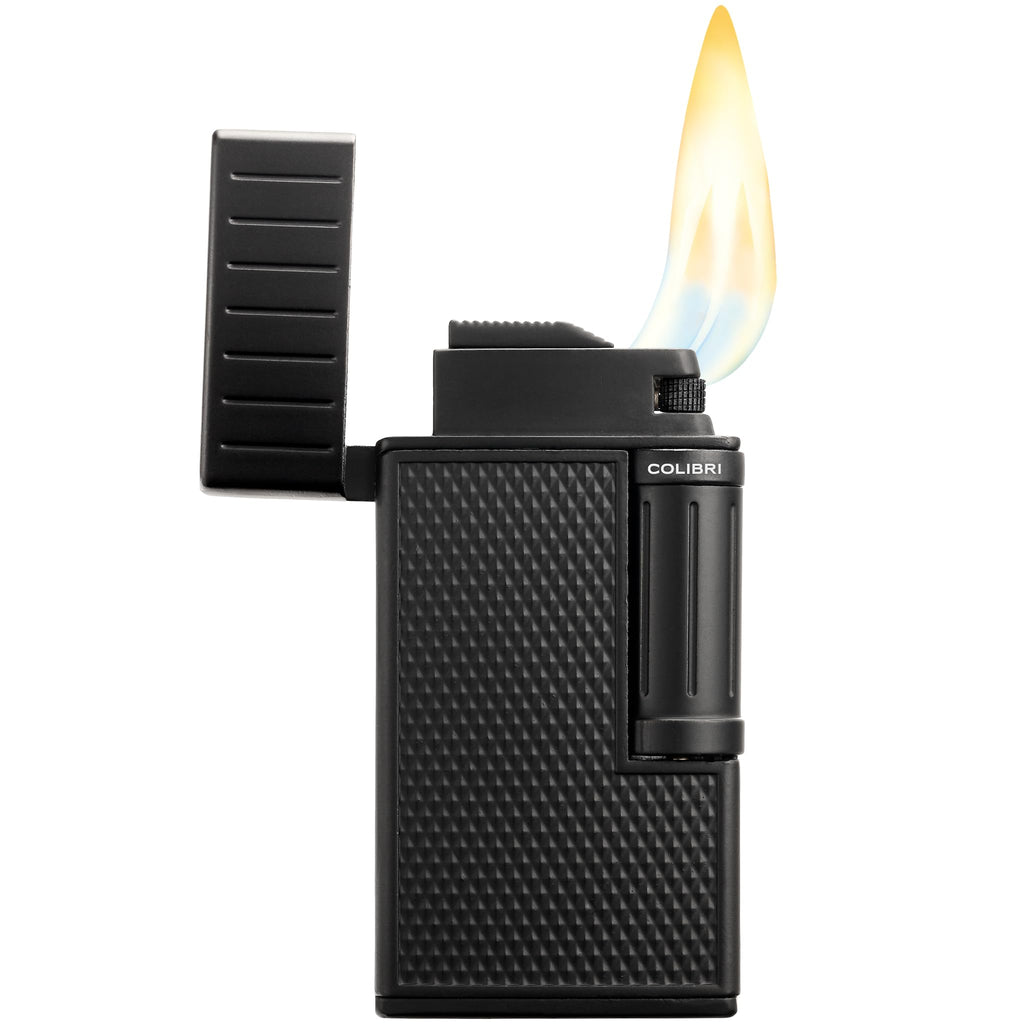 Colibri Julius Double Flame Butane Flint Cigar Lighter with Diamond-Pattern Case, Windproof & Refillable, Cigar Enthusiast's Choice with Blue Fuel Window and Adjustable Flame (Black, Rose Gold)