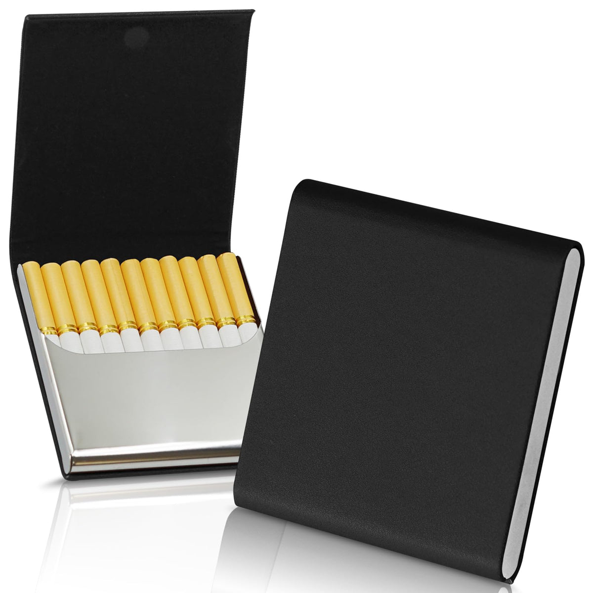 Portable Slim Leather Cigarette Case with Magnetic, Metal Cigarette Carrying Box for Hold 10 Regular Size Cigarettes, Ultra-Thin One-Hand Operate Cigarette Pocket for Men and Women -Navy Blue