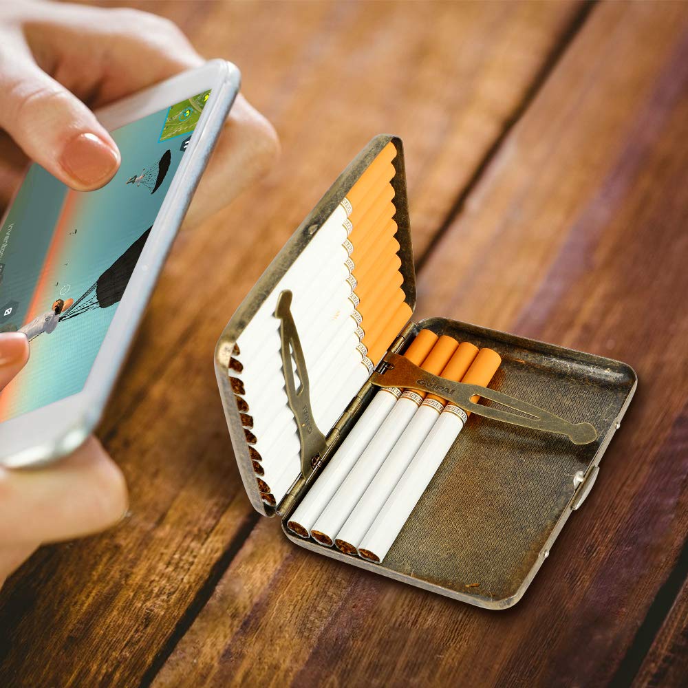 Retro Metal Cigarette Case with Spring Clip Holds 20 Cigarettes