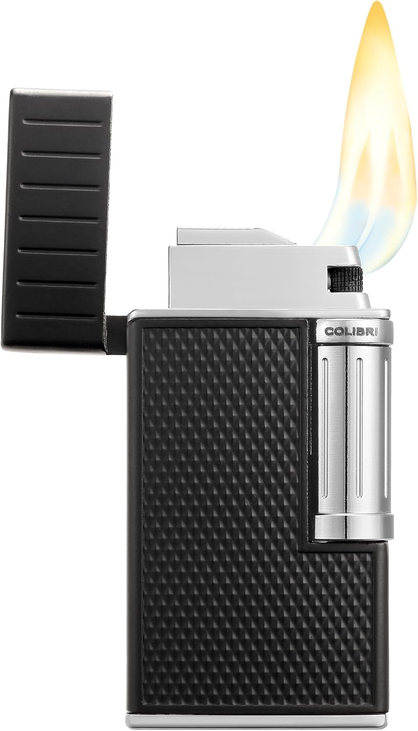 Colibri Julius Double Flame Butane Flint Cigar Lighter with Diamond-Pattern Case, Windproof & Refillable, Cigar Enthusiast's Choice with Blue Fuel Window and Adjustable Flame (Black, Rose Gold)