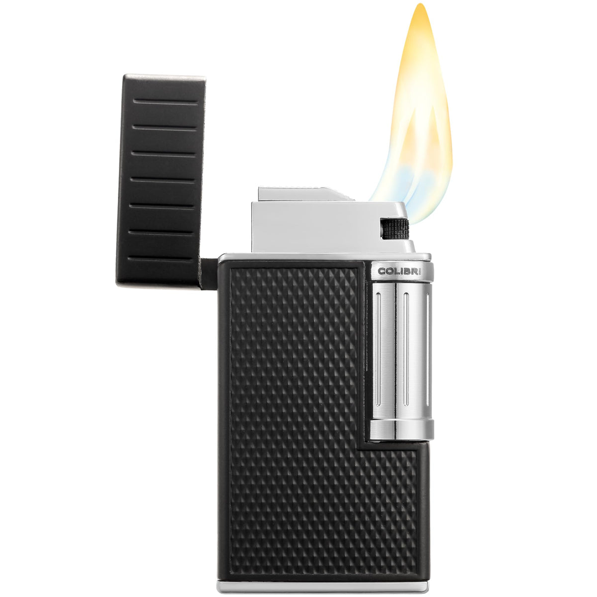 Colibri Julius Double Flame Butane Flint Cigar Lighter with Diamond-Pattern Case, Windproof & Refillable, Cigar Enthusiast's Choice with Blue Fuel Window and Adjustable Flame (Black, Rose Gold)
