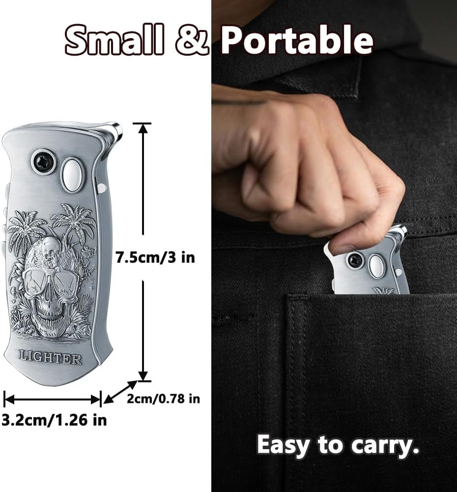 Skull Torch Lighter Adjustable Jet Flame Butane Lighters Refillable Gas Lighter for Outdoor, Indoor, Camping, BBQ, Birthday, Gifts for Men (Without Gas) (Skull Sliver)