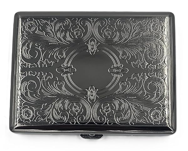 Retro Cigarette Case Victorian Style Metal Holder for Regular, King and 100's Size Credit Card Holder Pocket, Large with Flower Pattern RFID Protective Security Wallet (EL100-Black)