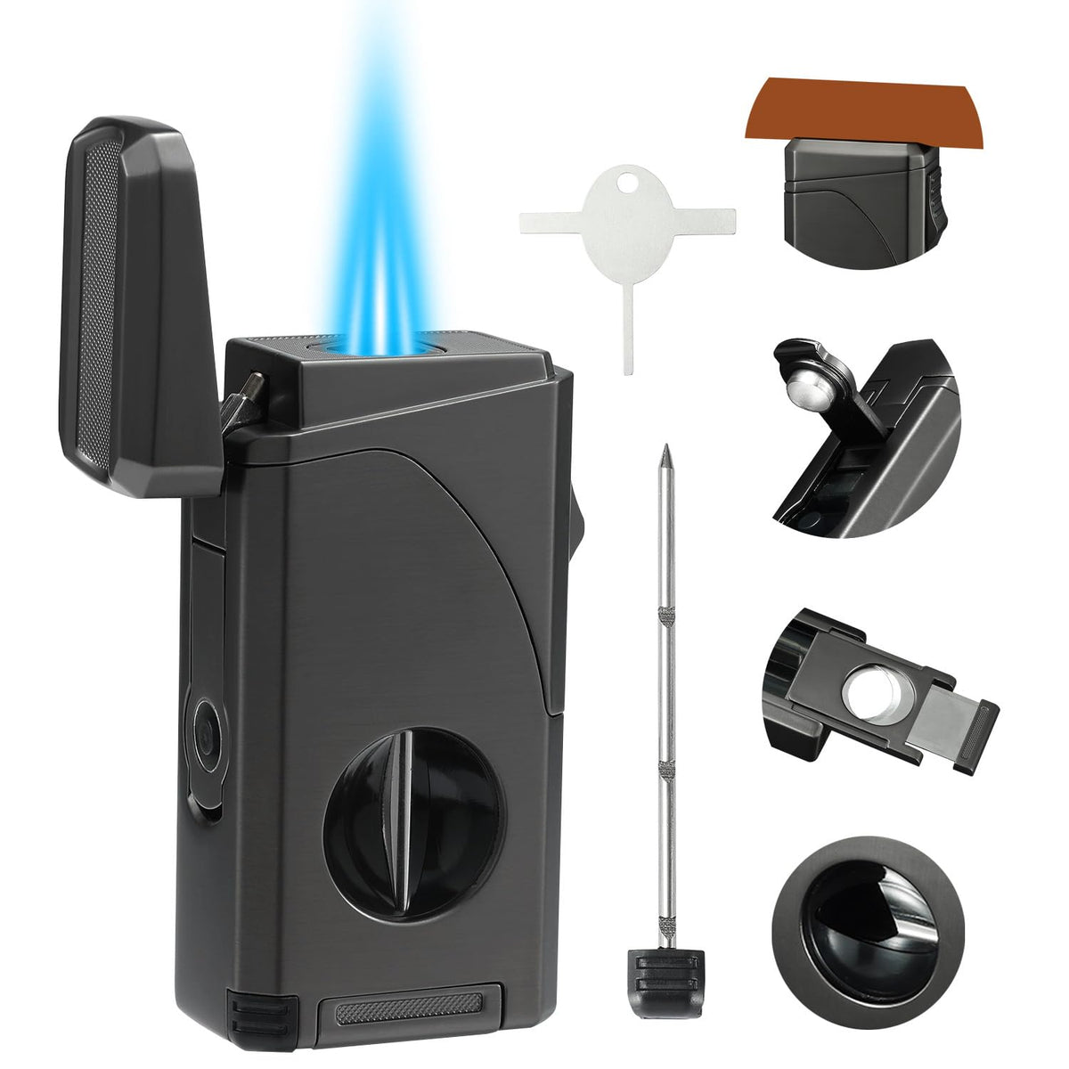 All in One Triple Jet Flame Butane Torch Lighter. Black(Sold Without Gas)