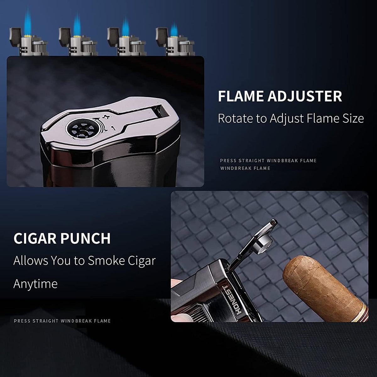 Metal Lighter Triple Jet Flame Refillable Butane Cigar Lighters Windproof Lighter with Cigar Punch Rest Holder - Butane Not Included (Red Copper)
