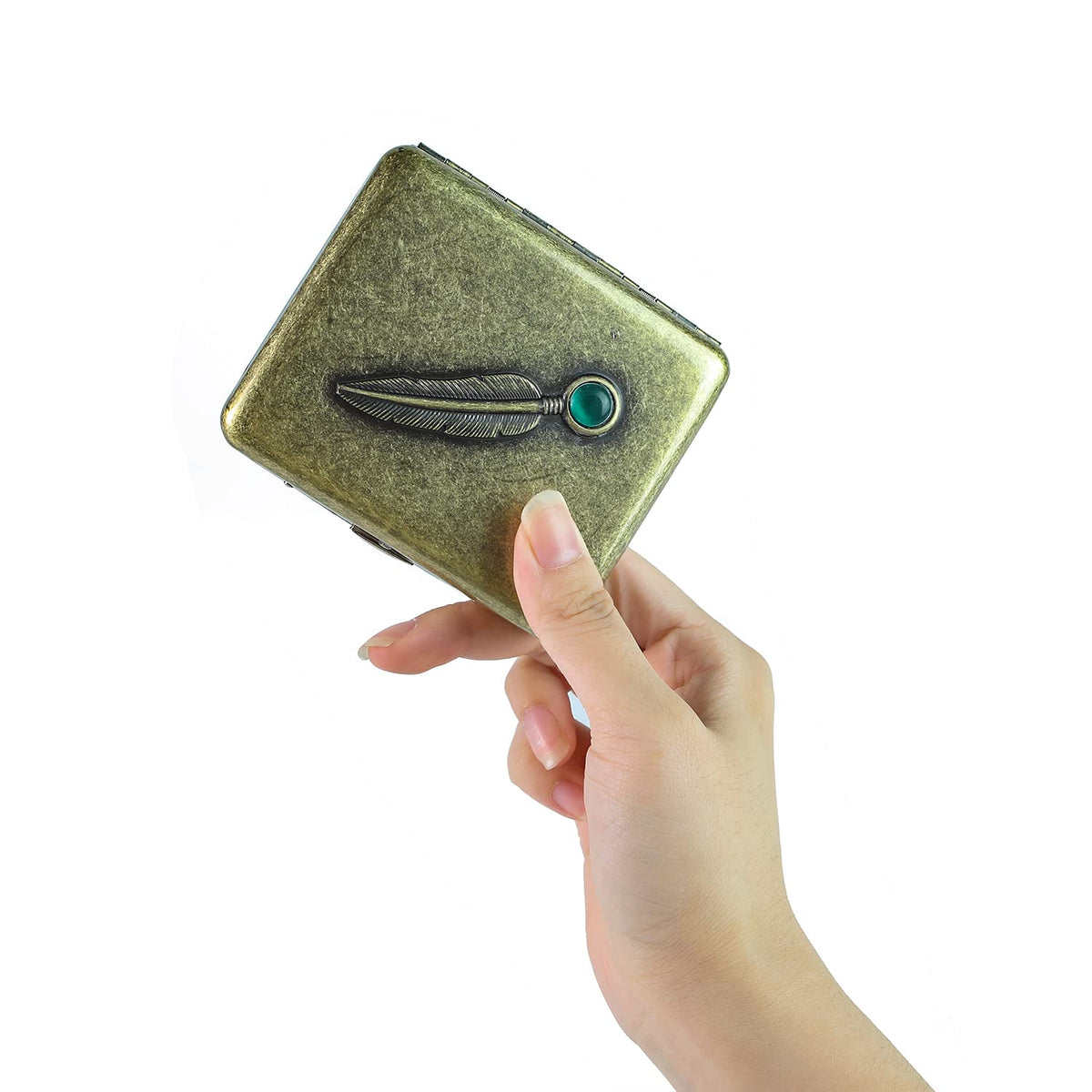 Vintage Metal Case - Retro Holder Case with Exquisite Carved Feather and Emerald Gemstone Embellishments - Minimalist Storage Case for Women Men, Holds 14 to 20, up to 84mm, Bronze, Feather