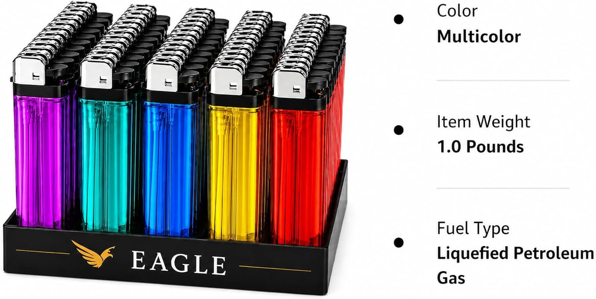 Eagle 50 Count Disposable Lighters, Assorted Color Utility Pack with Display Tray, Transparent Body for Home, BBQ, Camping, Candles & Emergency Kit