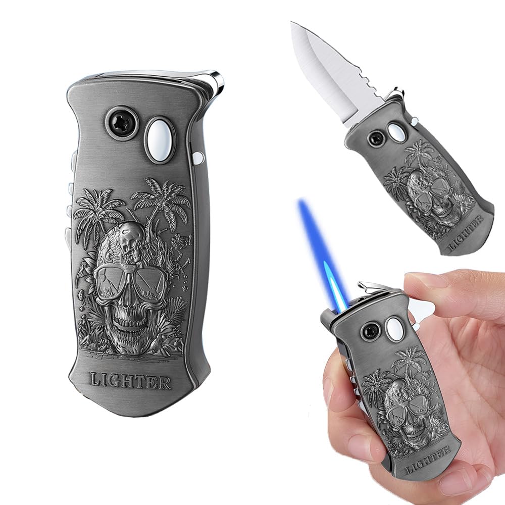 Skull Torch Lighter Adjustable Jet Flame Butane Lighters Refillable Gas Lighter for Outdoor, Indoor, Camping, BBQ, Birthday, Gifts for Men (Without Gas) (Skull Sliver)