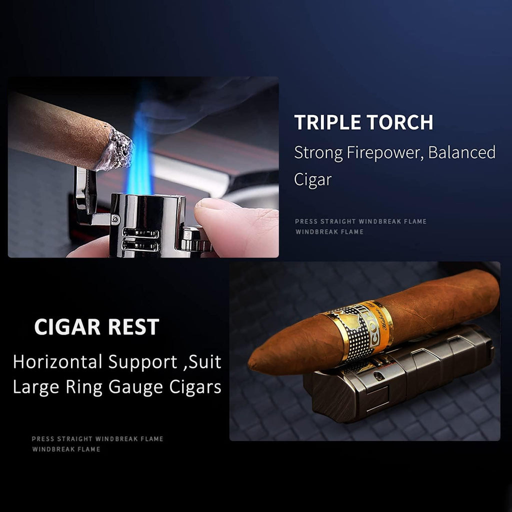 Metal Lighter Triple Jet Flame Refillable Butane Cigar Lighters Windproof Lighter with Cigar Punch Rest Holder - Butane Not Included (Red Copper)