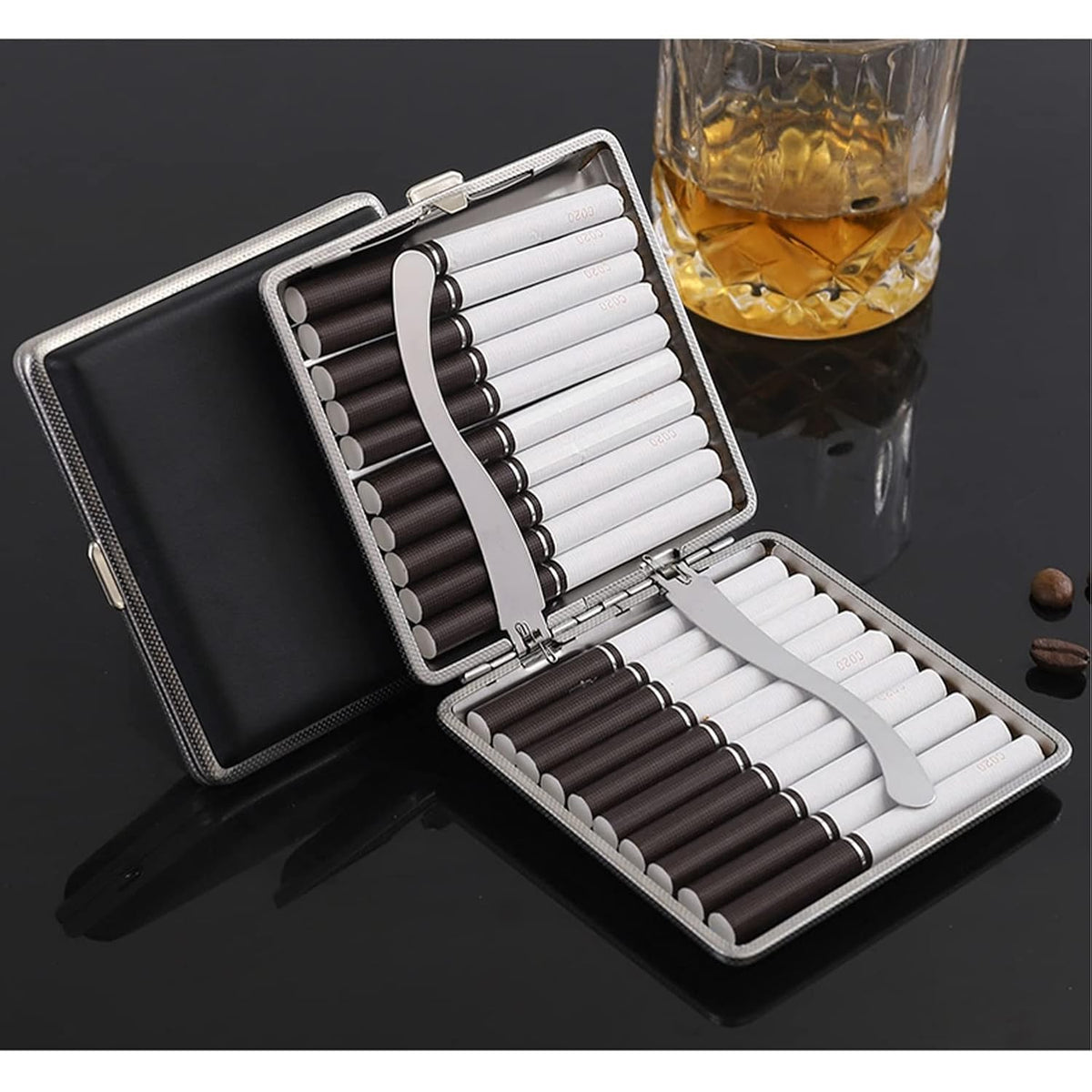 Cigarette Case Stylish Leather Surface Metal Box for 20 Cigarettes Cigarette Box for Men and Women Ideal Gift for Smoker 2 Boxes 84mm Regular Size(Black + Brown)