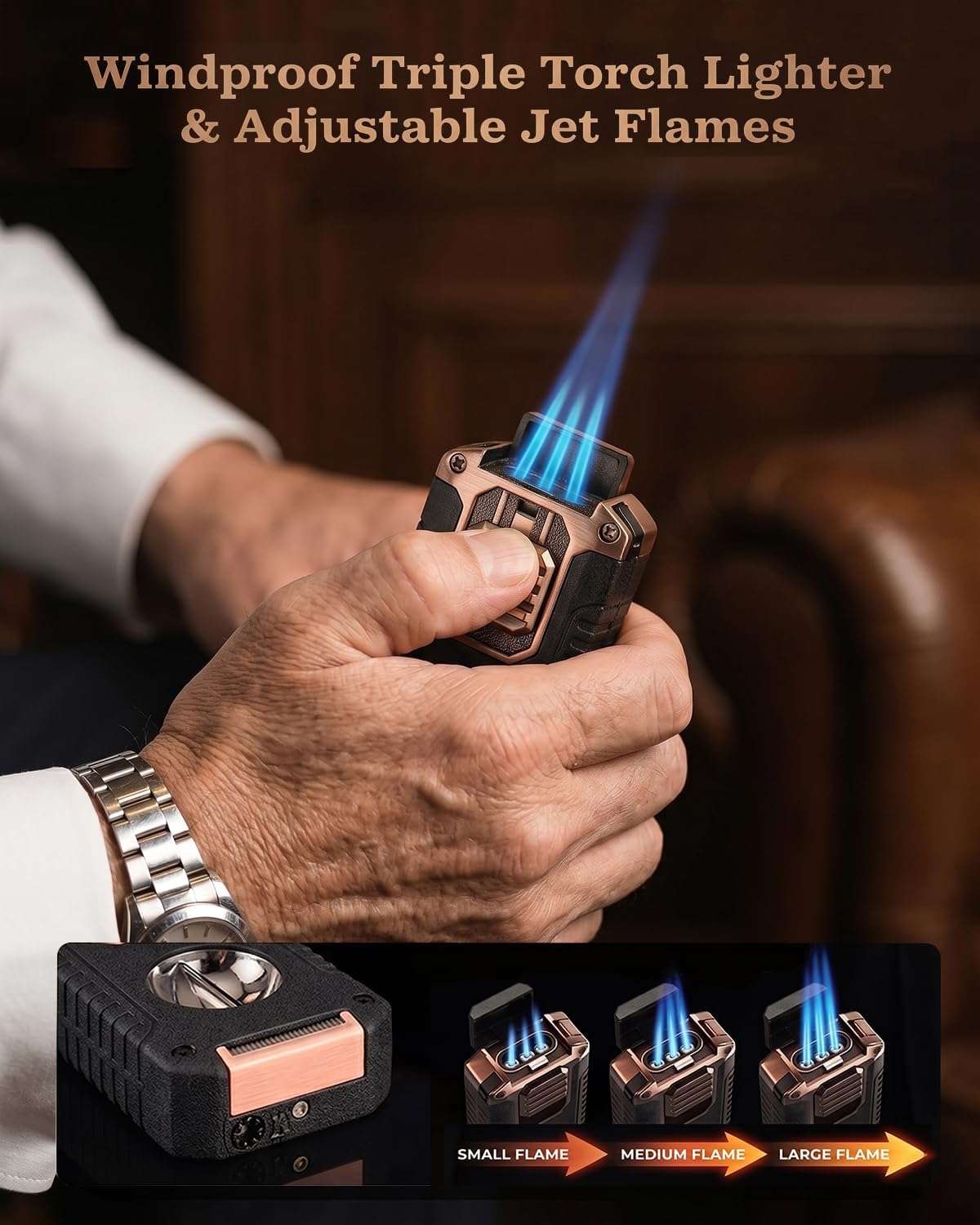 5-in-1 Butane Torch Lighter, with Built-in Punch, V Cutter, Draw Enhancer Needle & Holder, Visible Fuel Window, Windproof Triple Jet Flame Refillable Pocket Lighter for Travel Outdoor, Gifts for Men