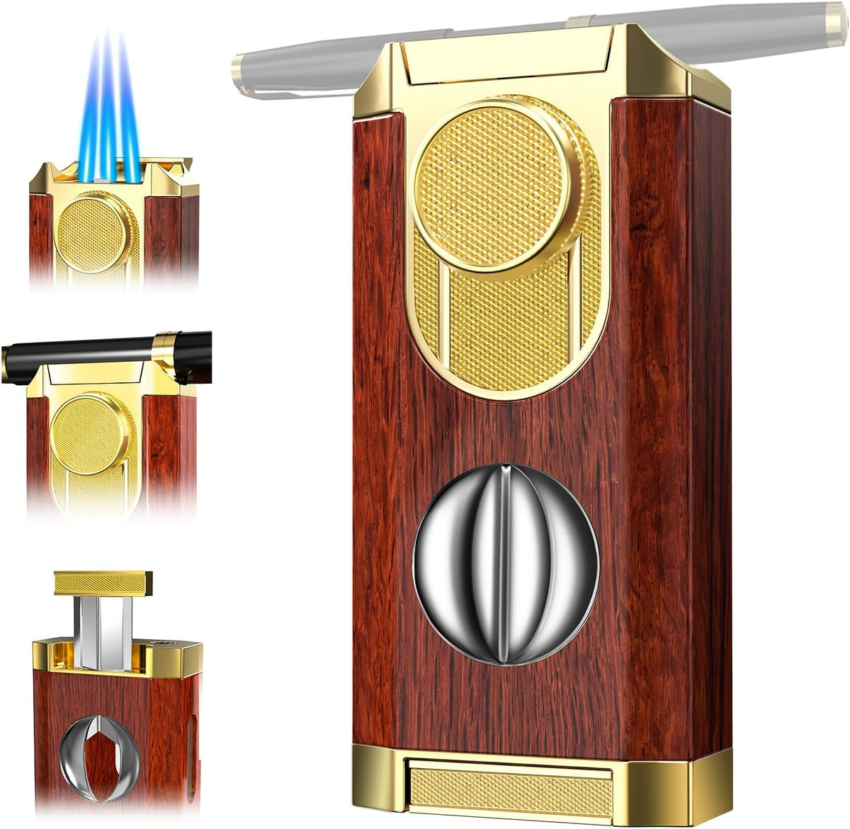 Triple Jet Torch Lighter with Cutter and Holder, Mahogany