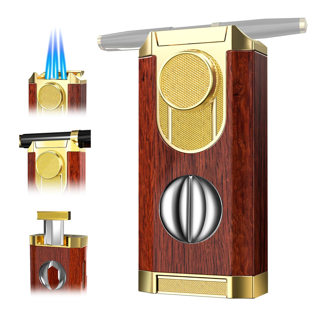 Triple Jet Torch Lighter with Cutter and Holder, Mahogany