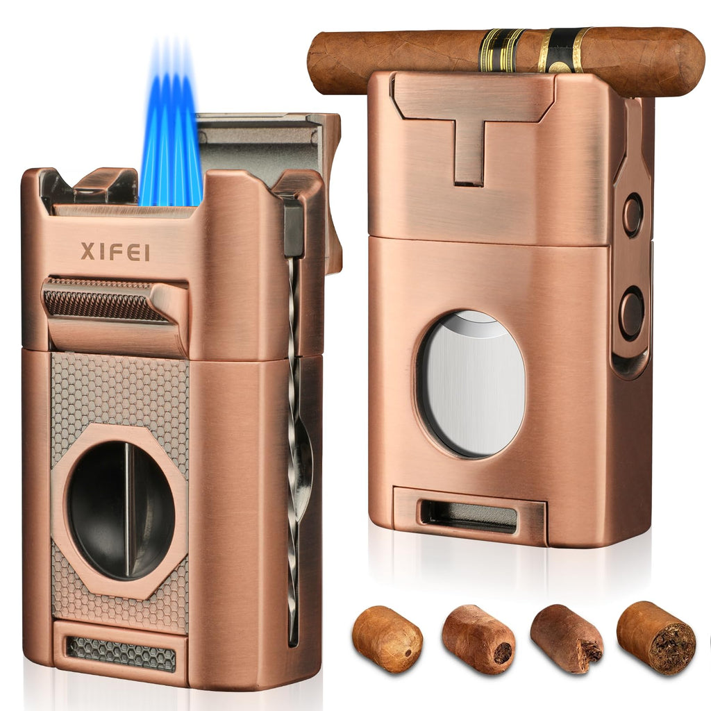 XIFEI 6-in-1 Cigar Lighter, Desktop Torch Lighter with Straight Cut V-Cut Cigar Cutter, Dual Cigar Punch, Cigar Draw Enhancer, Cigar Holder, 4 Jet Flame Refillable Butane Lighter Gift for Men (Gray)