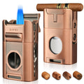 XIFEI 6-in-1 Cigar Lighter, Desktop Torch Lighter with Straight Cut V-Cut Cigar Cutter, Dual Cigar Punch, Cigar Draw Enhancer, Cigar Holder, 4 Jet Flame Refillable Butane Lighter Gift for Men (Gray)