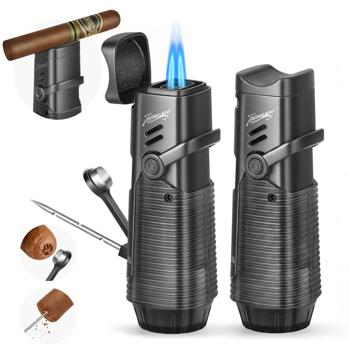 Tesonway Cigar Lighter, Windproof Refillable Butane Torch Lighter, Multifunction Cigar Accessories Butane Lighter with Cigar Holder, Cigar Draw Enhancer and Cigar Punch, Butane Not Included