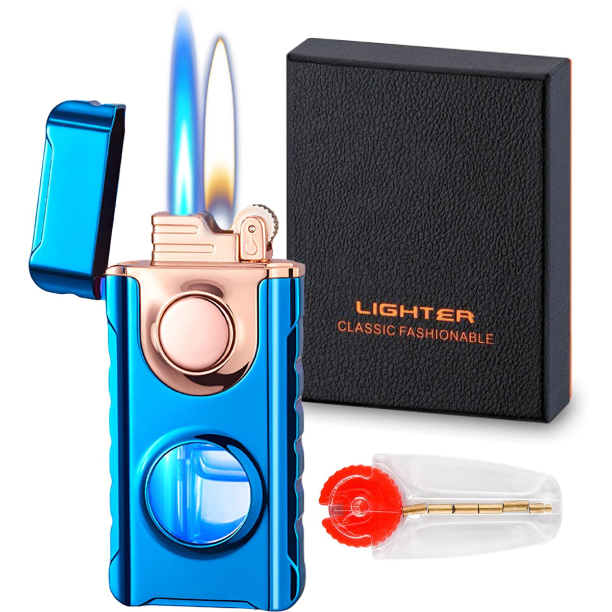 Torch Lighter, Dual Flame Lighter with 6pcs Flint Stone, Windproof Lighter With Visible Gas Window, Cool Adjustable Soft Flame and Jet Flame 2 in1,Refillable Butane Lighter for Outdoor Indoor-Gradient