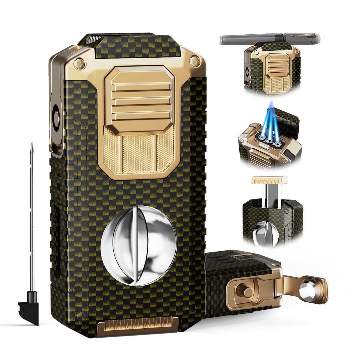 All-in-one Torch Lighter with V-Shape Shear, Punch, Needle, Holder and Triple Jet Flames, Butane Windproof Lighter for Candles, Outdoor, Versatile Accessories with Gift Box for Men (Without Butane)